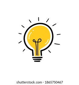Bombilla de luz con rayos brillantes. Estilo de caricatura. Estilo plano. Estilo dibujado a mano. Estilo Doodle. Símbolo de creatividad, innovación, inspiración, invención e idea. Ilustración del vector