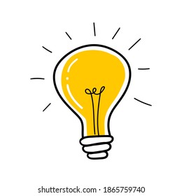 Light bulb with rays shine. Cartoon style. Flat style. Hand drawn style. Doodle style. Symbol of creativity, innovation, inspiration, invention and idea. Vector illustration - Shutterstock ID 1865759740