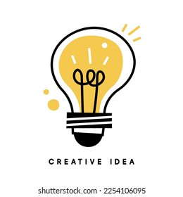 Light bulb with rays shine. Cartoon style. Flat style. Hand drawn style. Doodle style. Symbol of creativity, innovation, inspiration, invention and idea. Vector illustration.