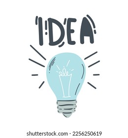 Light bulb with rays shine. Cartoon style. Flat style. Hand drawn style. Doodle style. Symbol of creativity, innovation, inspiration, invention and idea. Vector illustration.
