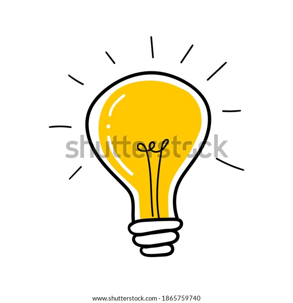 Light bulb with\
rays shine. Cartoon style. Flat style. Hand drawn style. Doodle\
style. Symbol of creativity, innovation, inspiration, invention and\
idea. Vector\
illustration