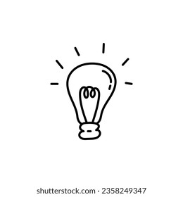 Glühbirne mit Strahlen strahlt dumm aus. Handgezeichnete Idee, Kreativität, Innovation, Inspirationszeichen, Symbol. Vektorgrafik, Schwarze Linie Kunst auf weißem Hintergrund.