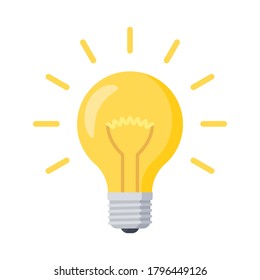 Light bulb with rays shine. Energy and idea symbol. The light bulb is full of ideas and creative thinking. Vector illustration, isolated on white background.