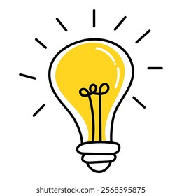 Light bulb with rays shine. Hand drawn style. Doodle style