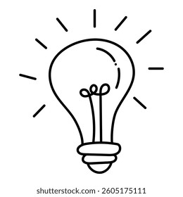 Light bulb with rays shine. Hand drawn style. Doodle style