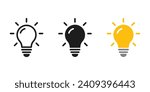 Light bulb with rays shine icon set. Idea symbol. Electric lamp, light, innovation, solution, creative thinking, electricity. Outline, flat, and colored symbol illustration.