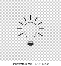 Light bulb with rays shine icon isolated on transparent background. Energy and idea symbol. Lamp electric. Flat design. Vector Illustration