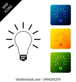 Light bulb with rays shine icon isolated. Energy and idea symbol. Lamp electric. Set icons colorful square buttons. Vector Illustration