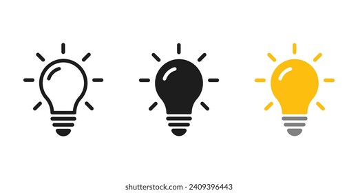 Light bulb with rays shine icon set. Idea symbol. Electric lamp, light, innovation, solution, creative thinking, electricity. Outline, flat, and colored symbol illustration.