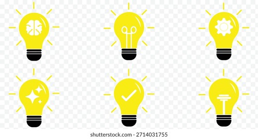 Light bulb with rays shine icon set. Idea symbol. Electric lamp, light, innovation, solution, creative thinking, electricity. cog inside and brain inside. innovation symbol vector innovation icon set.