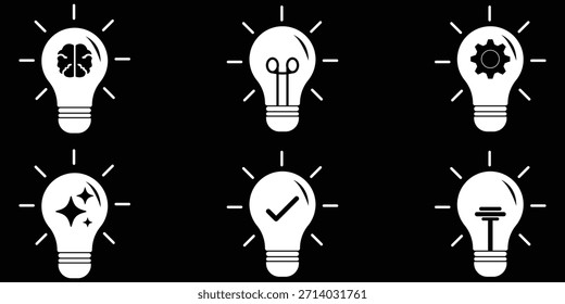 Light bulb with rays shine icon set. Idea symbol. Electric lamp, light, innovation, solution, creative thinking, electricity. cog inside and brain inside. innovation symbol vector innovation icon set.