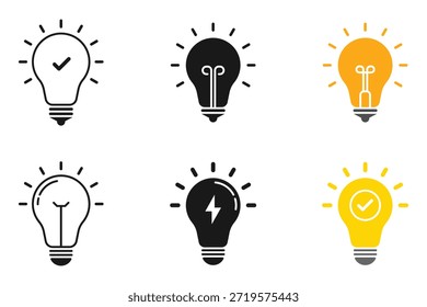 Bombilla de luz con rayos brillan conjunto de iconos. Símbolo de la idea. Lámpara eléctrica, luz, innovación, solución, pensamiento creativo, electricidad. Ilustración vectorial. EPS 10