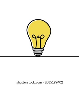 A light bulb with rays is shining. Cartoon style. Flat style. Hand drawn style. Doodle style.