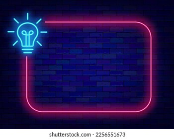 Light bulb in rectangular frame. Neon banner. Idea and brainstorm concept. Shiny pink border with space for text. Creative design. Glowing banner. Luminous symbol. Vector stock illustration