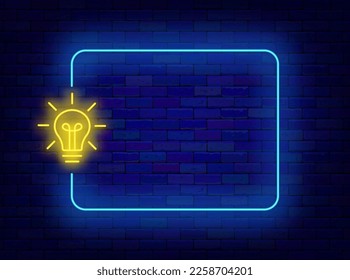 Light bulb in rectangular frame neon label. Idea and motivational concept. Shiny border with space for text. Creative design. Glowing banner. Luminous poster. Brainstorm. Vector stock illustration