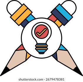 A light bulb with a red check mark on it, surrounded by two pencils. The pencils are positioned in a way that they appear to be holding the light bulb in place