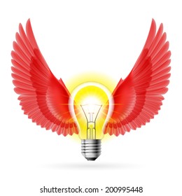 Light bulb with red wings. Idea and inspiration symbol
