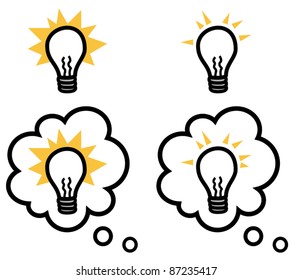 Light bulb representing an idea isolated and in a thought bubble, vector illustration set