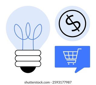 Light bulb representing ideas, dollar sign for currencies, and shopping cart in a chat bubble. Ideal for business, ecommerce, finance, innovation, marketing, startups, creative thinking. Line