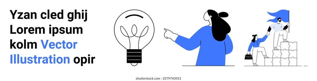 Light bulb representing ideas next to people collaborating and working together. Ideal for business innovation teamwork brainstorming project planning and creative solutions. Banner for landing page
