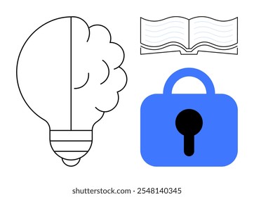 Light bulb representing innovation, open book symbolizing knowledge, and blue lock denoting security. Ideal for education, creativity, privacy, technology, and design. Minimalist vector style with
