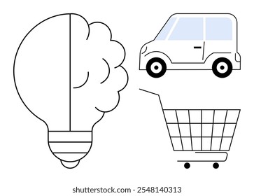Light bulb represents ideas, car symbolizes movement and travel, shopping cart indicates commerce activities. Ideal for business, innovation, transportation, shopping, and strategy. Minimalist