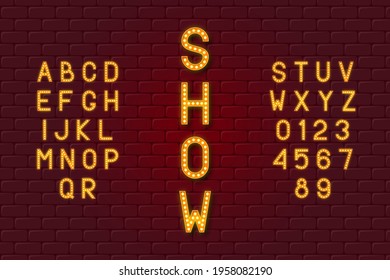 Light bulb retro alphabet with red frame and gold lamps light. Vintage font with glowing 3d letters and numbers in Broadway show style. Vector illustration.