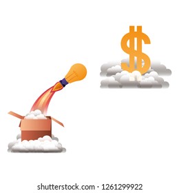 light bulb with rocket and dollar symbol isolated icon