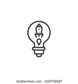 Light bulb with rocket inside outline icon. linear style sign for mobile concept and web design. Business idea lamp simple line vector icon. Symbol, logo illustration. Pixel perfect vector graphics