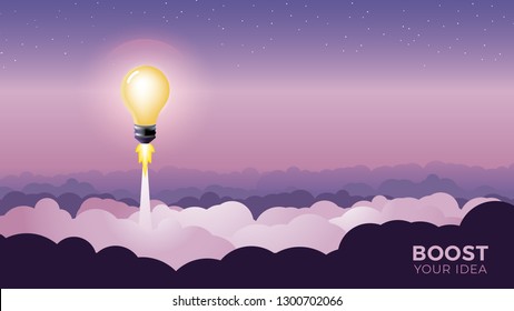 Light bulb as a Rocket launch above the clouds. Illustration motivational quote concept for idea boost. banner, poster vector template