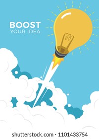 Light bulb as a rocket launch with clouds on blue background for idea booster vector illustration