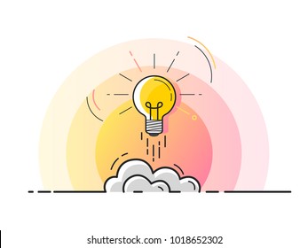 Light bulb rocket launch for idea boost. Trendy flat vector on white background. Vector Illustration. 