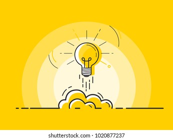 Light bulb rocket launch for idea boost. Trendy flat vector on yellow background. Vector Illustration. 