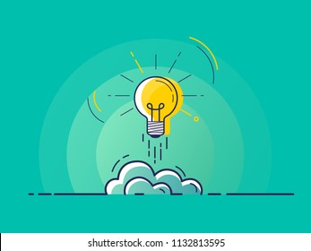 Light bulb rocket launch for idea boost. Trendy flat vector on green background. Vector Illustration. 