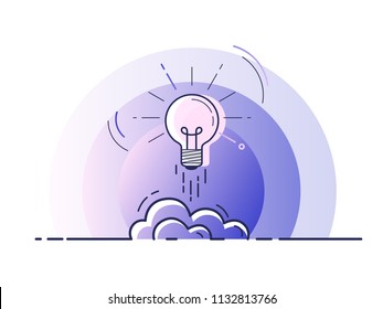 Light bulb rocket launch for idea boost. Trendy flat vector on white background. Vector Illustration. 