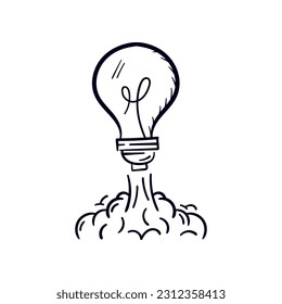 Light bulb rocket launching to space concept doodle hand drawn. Creative innovative thinking art business icon. Vector illustration
