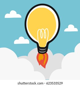 Light bulb rocket on sky and cloud cartoon vector illustration, business concept