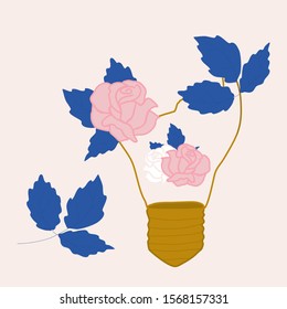 Light bulb with roses and blue leaves in a vector illustration, perfect to use on the web or in print