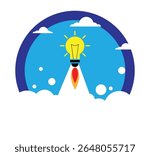 Light Bulb in Round Emblem Flying into Space. Start up idea and business growing concept vector art