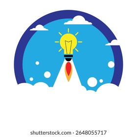 Bombilla en emblema redondo volando al espacio. Arte vectorial de concepto de idea de inicio y crecimiento empresarial