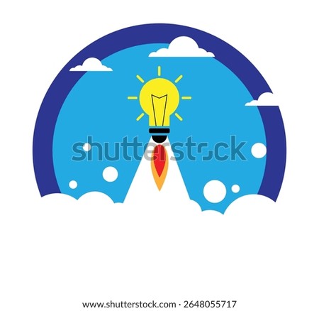 Light Bulb in Round Emblem Flying into Space. Start up idea and business growing concept vector art
