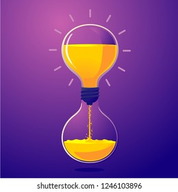 Light bulb and sand clock. Creative idea for deadline. Time managment metaphor. Vector illustration.