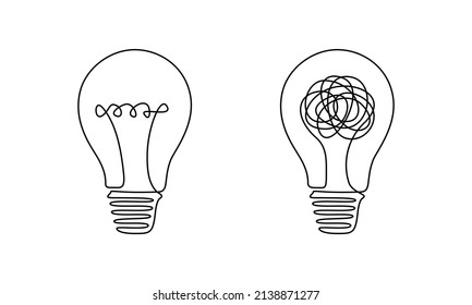 Light bulb with scribbles in one continuous line drawing. Concept of chaos and order in thoughts and ideas in simple linear style. Shining lamp with editable stroke. Vector illustration