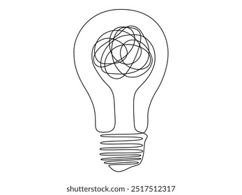 Light bulb with scribbles in one continuous line drawing. Concept of chaos in thoughts in simple linear style. Edison lamp with editable stroke. Doodle Vector illustration