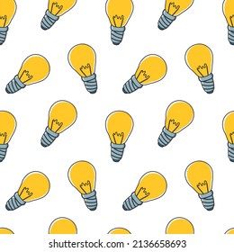 Light bulb Seamless Pattern Doodle Colored Vector. Texture for background, print, label, greeting card, packaging, merchandise, showcase, book, poster, fabric.