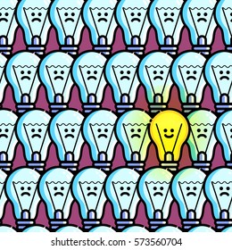 Light bulb seamless pattern. Happy and sad. Symbol of new idea. Vector motivation repeated texture. Flat line style. Modern design. Shining light bulb
