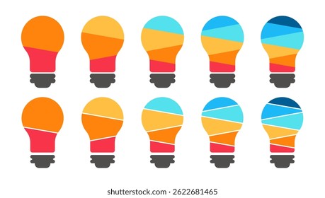 Segmentação da lâmpada elétrica. Conjunto de infográficos do diagrama. Conceitual de luz biub 2, 3, 4, 5, e 6 partes. Modelo para apresentação de gráfico e gráfico.