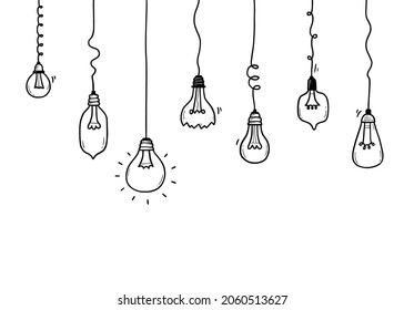 Light bulb set. Doodle hand drawn sketch style lamp. Concept of business idea, electric lamp, energy. Lightbulb with line curve. Pencil draw style vector illustration..
