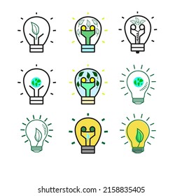 Bombilla de luz Conjunto de iconos ecológicos vectorial con planta de hoja dentro y fuera de la tierra.  Diseño de línea de ecología. Colores verdes y amarillos. Efecto de cambio del relleno de color. Símbolos de electricidad. Lámparas ECO. Idea de elementos.