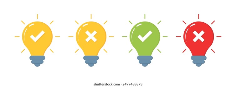 Light bulb set icons. Approval and cancel icons. Silhouette and flat style. Vector icons.
